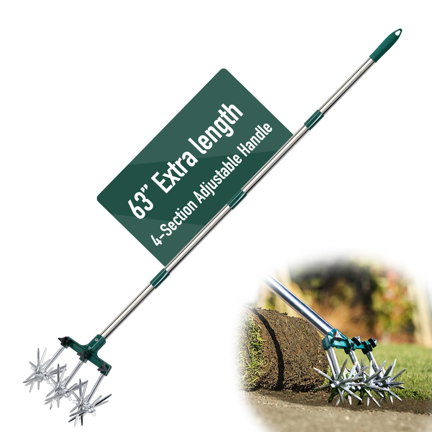 Rotary Cultivator Set, 25"-63" Adjustable Gardening Rotary Tiller and Hand-Held Garden Cultivator Tool with Steel Detachable Tines, Reseeding Grass or Soil Mixing