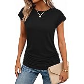 Zeagoo Women's Cap Short Sleeve T-Shirts Ruched Crew Neck Trendy Fashion Tunic Blouse