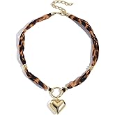 Leopard Print Silk Scarf Choker Necklace for Women Charm Gold Chunky Heart Bowknot Necklace Double-Layered Pearl Beaded Necklace Boho Beach Multiple Pendant Wafer Clavicle Necklaces Jewelry