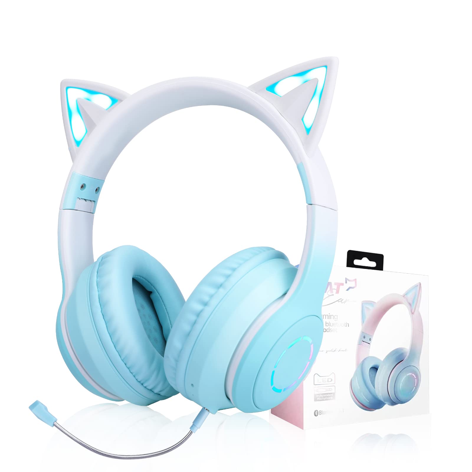 JYPS Kids Wireless Headphones, Bluetooth Childrens Headphones with LED Light and Cat Ear for Girls, Bluetooth Headset with Detachable Noise-cancelling Microphone for Call/Gaming