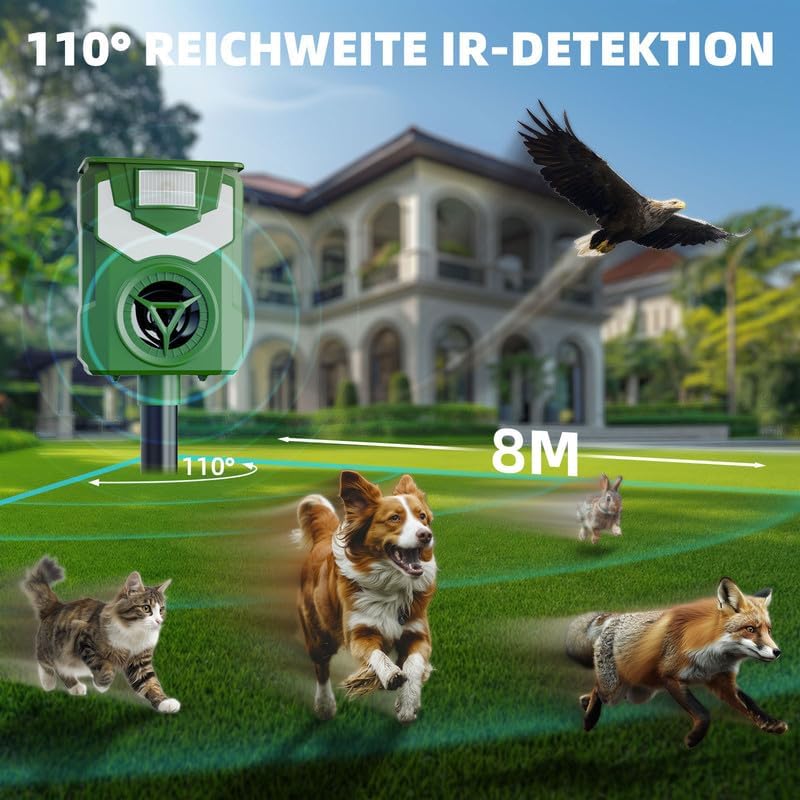 Ultrasonic Cat Repellent, Solar and USB Animal Repellent, IP54 Waterproof Outdoor Cat Repellent with LED Flame Light and Detector for Cats Dogs Mice Raccoons Birds