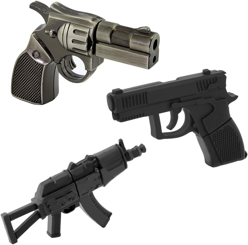 Usbkingdom 3 Pack 32GB USB 2.0 Bulk Flash Drives Metal Pistol Plastic Gun Shape Jump Drive Pen Drive Memory Stick Thumb Drive (Mixed Styles)