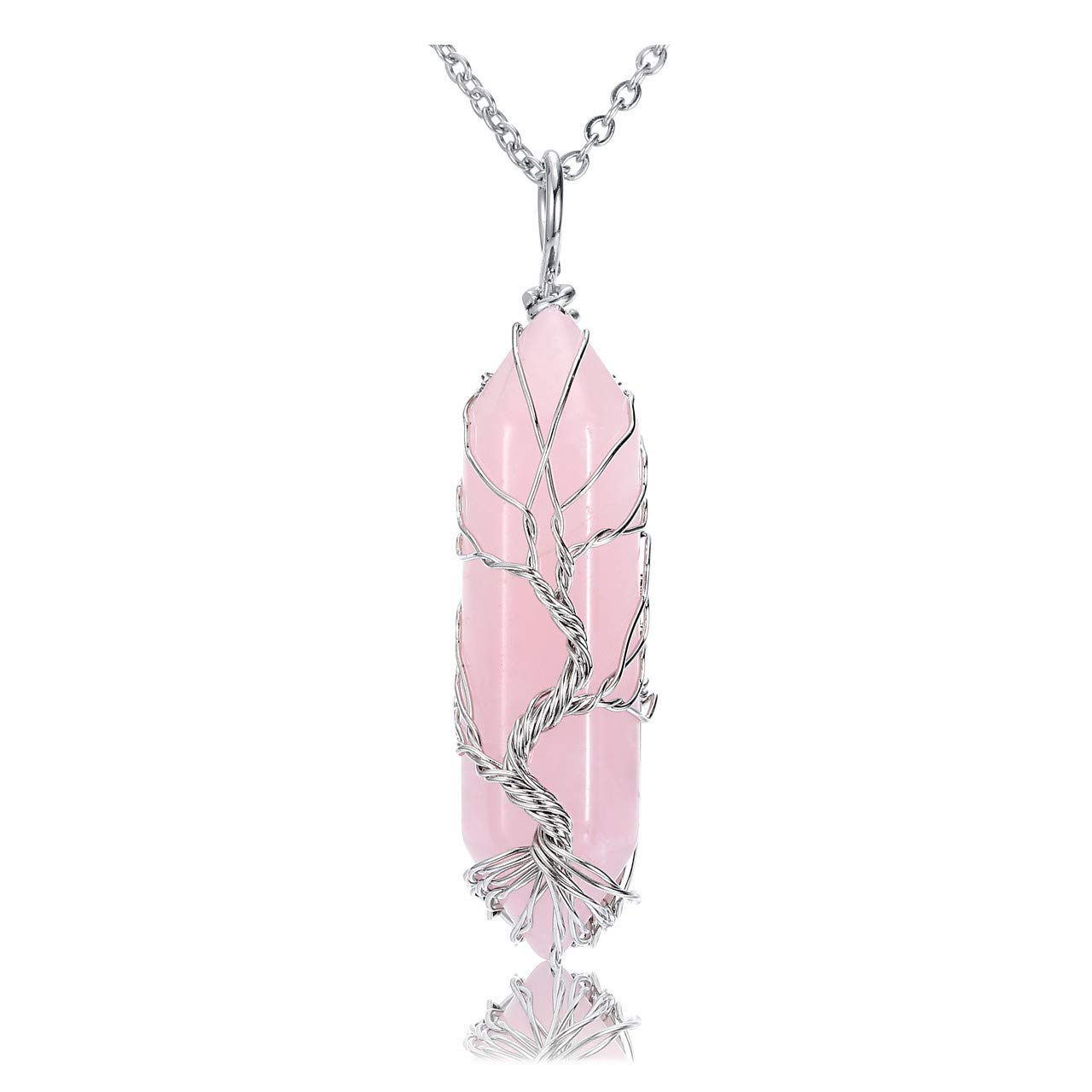 CrystalTears Rose Quartz Healing Crystal Stone Necklace Tree Life Wire Wrapped Natural Hexagonal Crystal Points Pendant Necklace Jewellry Mothers Day Gifts for Mum Women Her Wife