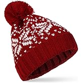 Women Winter Knitted Cap Beanie Soft Warm Hat with Red Snowflake