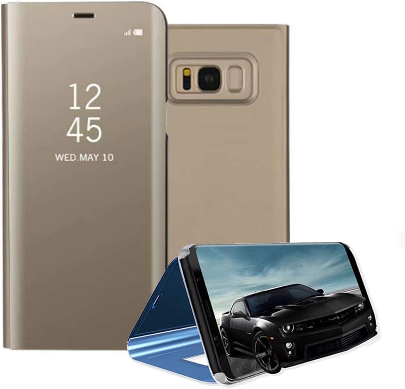 HSW Samsung Galaxy S8 Plus Mirror Smart Clear View Flip Folio Case Cover with Kickstand Shockproof Protective Electroplated Mirror Makeup Case for Samsung Galaxy S8 Plus - Gold