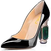 FSJ Women Bridal Pointed Toe Chunky High Heel Crystal Pumps Slip on Wedding Thick Comfort Unique Shoes Size 4-15 US