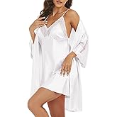 Women's Silk Pajama Sets Satin Robe with Nightgown 2 Piece Sleepwear Sexy Lace Cami Nightwear Kimono Bridesmaid Robes