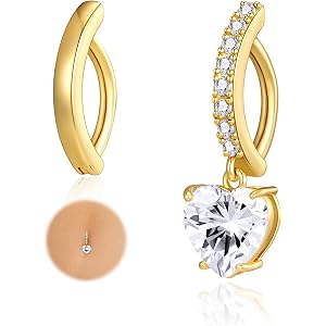 Apsvo 2Pcs Belly Button Ring for Women Surgical Steel CZ Clicker Belly Rings Hoop Teardrop Heart Dangle Belly Button Piercing