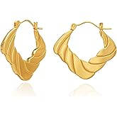 18K Gold Rhombus Hoop Earrings for Women - Twisted Chunky Geometric Hoops Hypoallergenic Stainless Steel Vintage Minimalist Statement Jewelry Gifts for Birthday Anniversary