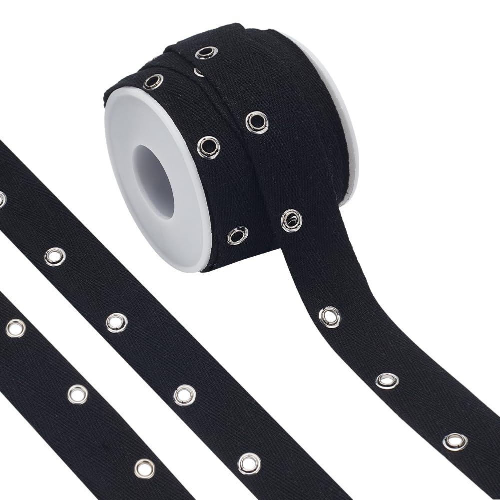 BENECREAT 8 Yards Black Cotton Grommet Eyelet Twill Tape, 1 inch(25mm) Wide Metal Eyelet Ring Ribbon Strip for Sewing Crafts Making, Hole: 4mm
