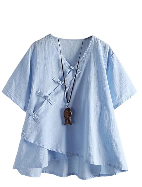 MatchLife Damen Leinen Tops Klassisches Vintage T-Shirt Chinesisch V-Ausschnitt Tunika Bluse