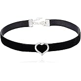 Black Heart Velvet 90s Goth Choker Necklaces for Women, Silver Heart Slide Charm Choker, E Girl Emo Necklace, Halloween Cosplay Jewelry