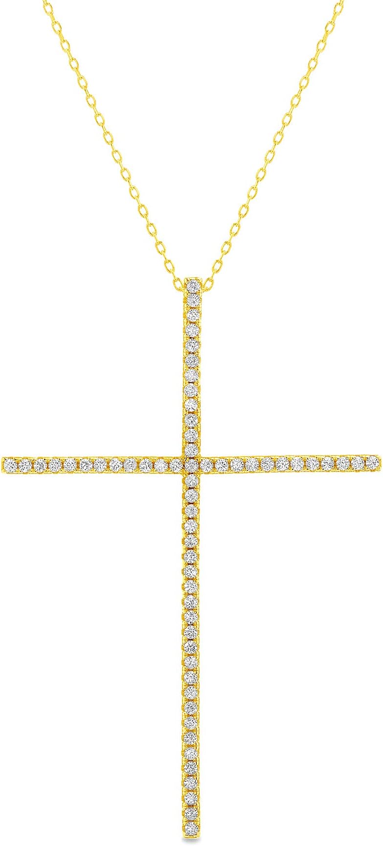 Sterling Silver Round Cubic Zirconia Thin Cross Pendant Necklace for Women (Various Colors)