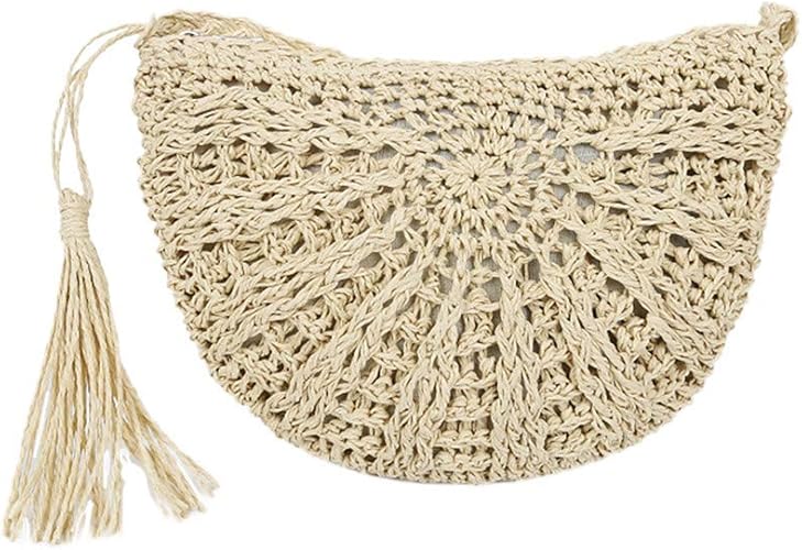 Doldoa Petit Style Retro Sac A Main Sacs Portes Main Demi Cercle Rotin En Paille Mode Sacs A Bandouliere Loisir Sac Messenger Osier Souple Sauvage Portable Pure Couleur Sac De Plage Aves Pompon