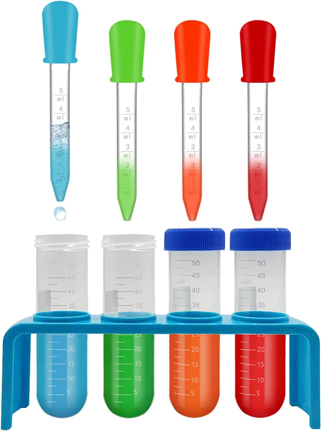 Test Tubes for Children, Large Plastic Tubes with Stand and Dropper Pipettes for Creative Science Experiments Kids Water Play Educational Toy Home Science Kits for Boys and Girls (Blue)