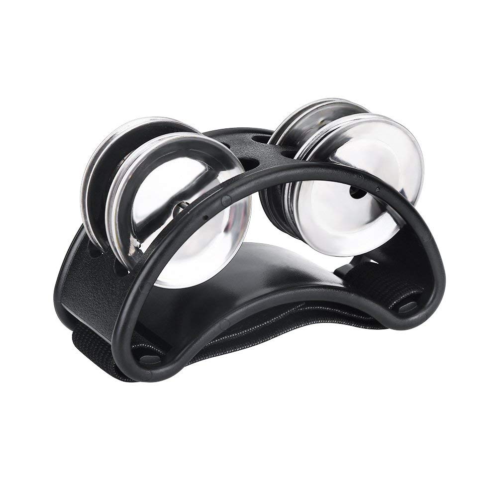 Foot Tambourine, Black Drum Accessory with Metal Jingles for Acoustic Percussion Kit