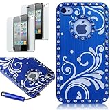 Pandamimi Deluxe Blue Chrome Bling Crystal Rhinestone Hard Case Skin Cover for Apple iPhone 4 4S 4G With 2 Pcs Screen Protector and Blue Stylus