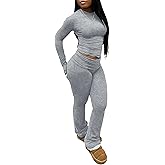 Women's 2 Piece Lounge Sets Crop High Wasit Foldover Flare Leggings Pants Casual Workout Outfits Tracksuit