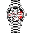 BOYADKA Car Wheel Watch, Stainless Steel Watch with Japanese Quartz Movement, Waterproof Sports Wrist Watch with Car Rim Hub Design for Men/Car Enthusiast