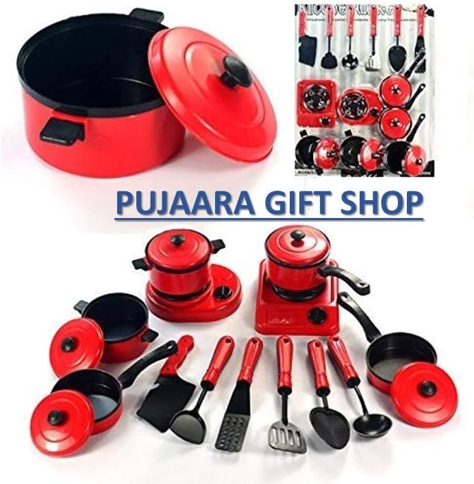 PUJAARA TOYS Pretend Play Kitchen Ware Plastic Cooking Set for Kids (Red, Medium,Pack of kitchen set)