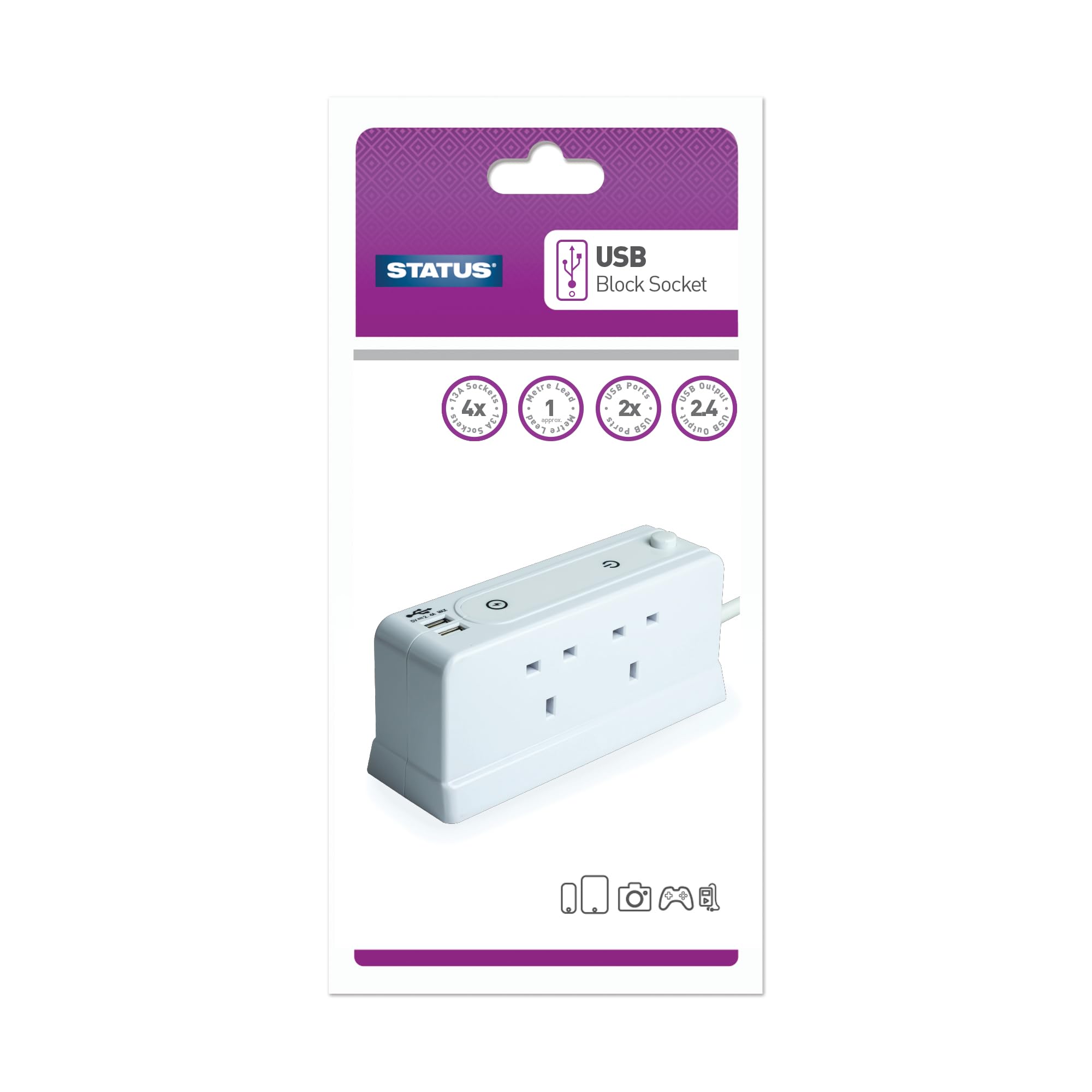 Status Block Design 4-Socket Extension Lead - 1m
