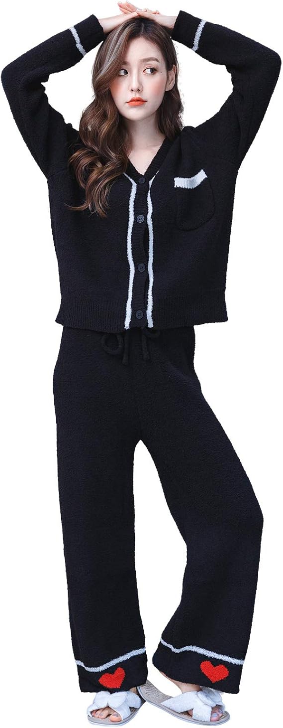 Amazon ディープアイズ パジャマ レディース ルームウェア 長袖 もこもこ 前開き 上下セット ロングパンツ 部屋着 暖かい 春秋冬 ブラック パジャマ ルームウェアセット 通販