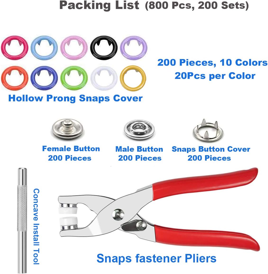 ZTWEDEN 200 Sets Metal Snaps Button Tool Kit Snap Fasteners Hollow Prong Snap Button with Setting Tool for Clothing Crafting Sewing, Leather Snaps Buttons for Jeans Wears Bags(10 Colors, 9.5mm)