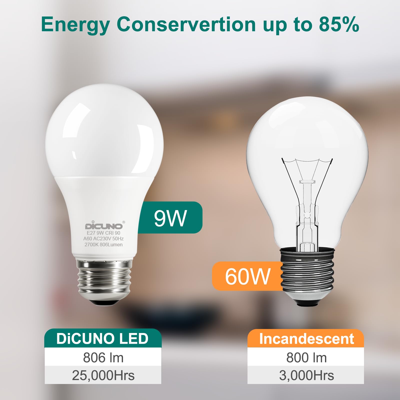 DiCUNO 9W E27 LED Lampe ersetzt 60W, 2700K Warmweiß, 806lm, A60 Matt Edisonbirne, CRI 90, 220° Abstrahlwinkel, flimmerfrei, nicht dimmbar, 230V Energiesparlampe, 6er Pack 3