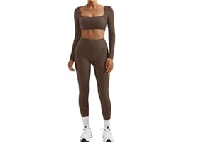 SUUKSESS Women 2 Piece Workout Sets Compression Tummy Control Leggings with Pockets Long Sleeve Square Neck Padded Crop Tops