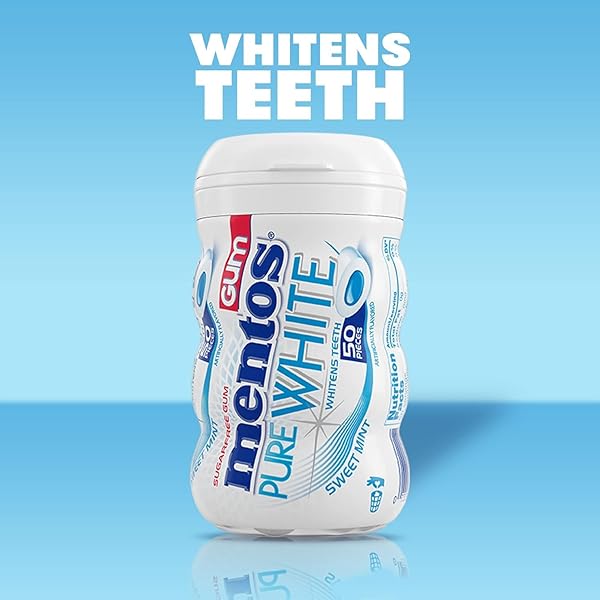 MENTOS PURE WHITE SUGAR-FREE CHEWING GUM WITH XYLITOL, SWEET MINT, HOLIDAY CANDY, BULK, 50PIECE BOTTLE (PACK OF 6)