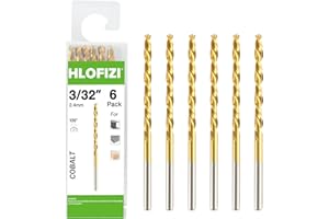 HLOFIZI 3/32" Cobalt Drill Bit (6 Pack), Titanium Twist Drill Bits for Metal, Stainless Steel, Cast Iron and Wood