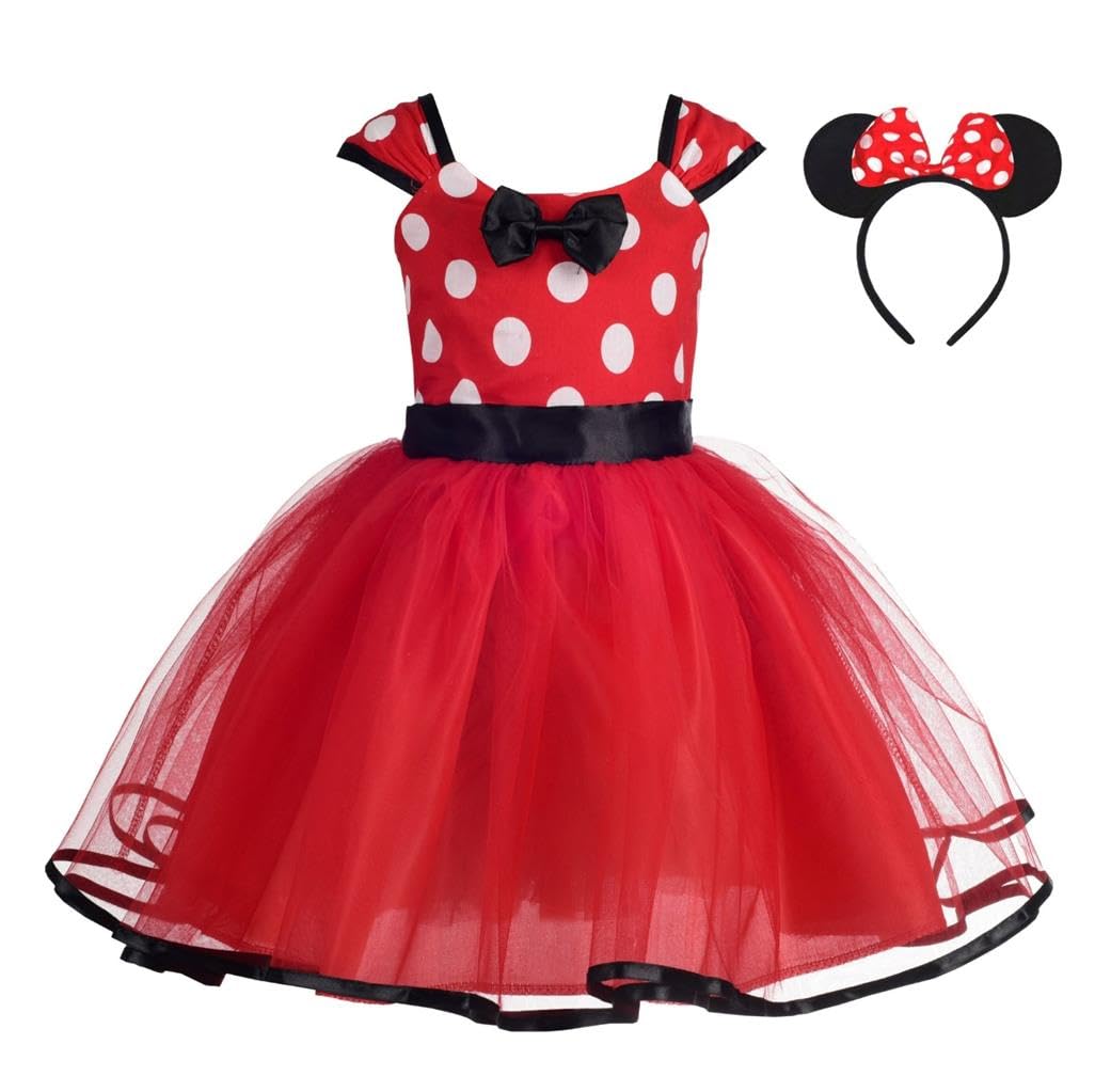 Lito Angels Princess CostumeFancy Dress Up Costume with Mouse Ears Hair Hoop for World Book Day Kids Girls, Halloween Birthday Party Mini Polka Dot Tulle Skirt, Age 4-5 Years (Tag Number 130), Red