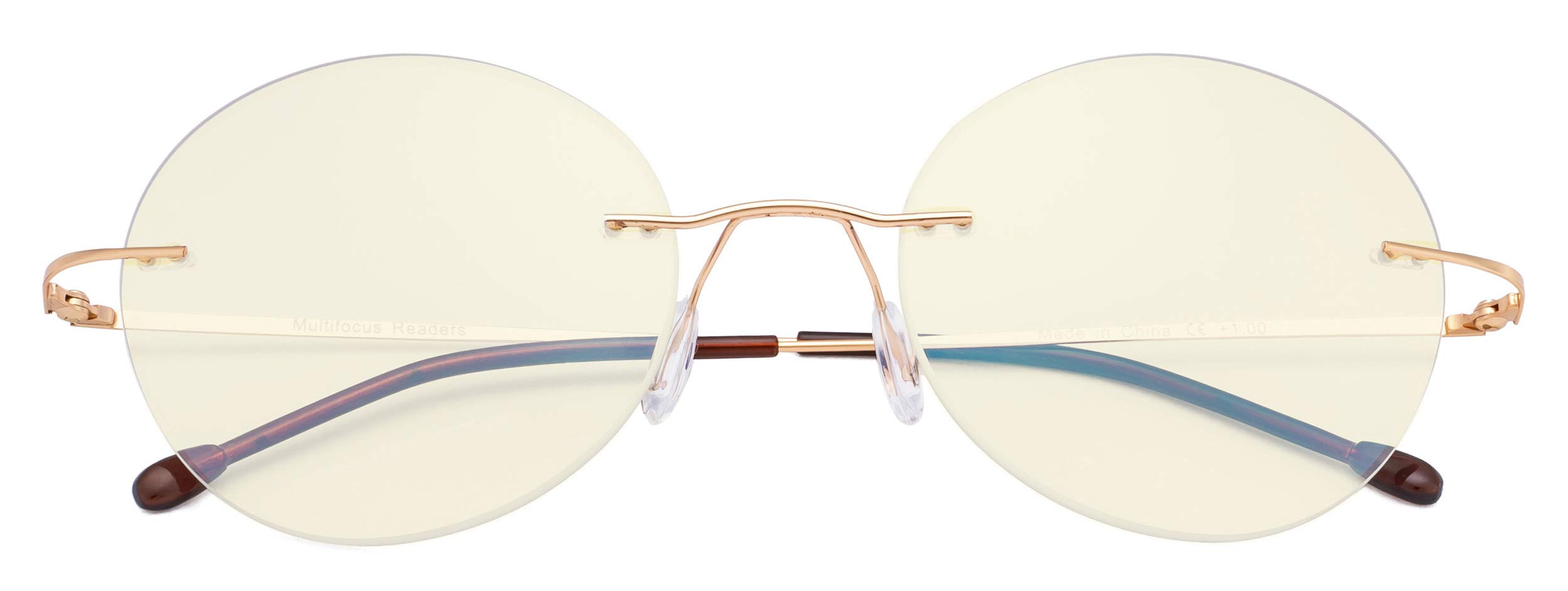 CessBlu Rimless Progressive Reading Eyeglasses Round Multifocus Readers Blue Light Blocking Women (Gold) +2.25