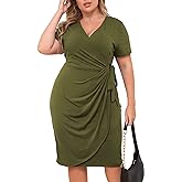 Nemidor Plus Size Dresses for Curvy Women Summer Casual Wrap Bodycon Midi Short Sleeve Pleated Dress 14-26