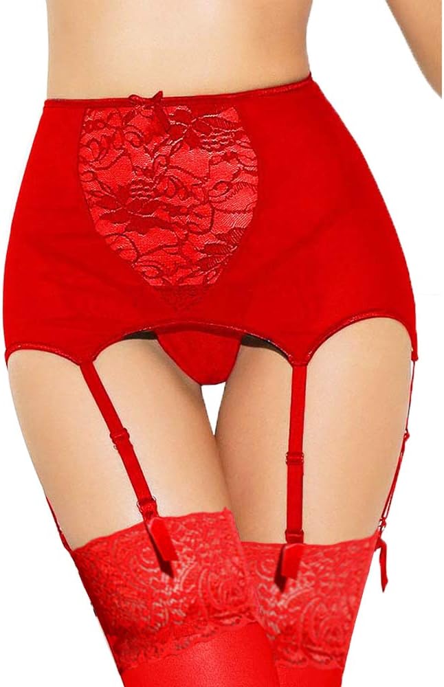 Women's Red Sexy High-Waisted Lace Suspender Garter Belts and Thigh High Stockings - 3 Pieces Lingerie Sets