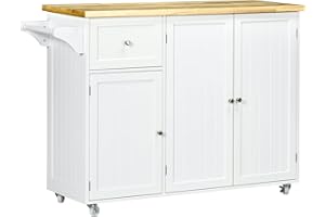 HOMCOM Rolling Kitchen Island on Wheels, Kitchen Island Cart with Rubber Wood Top, Towel Rack, Storage Cabinets and Drawer, W