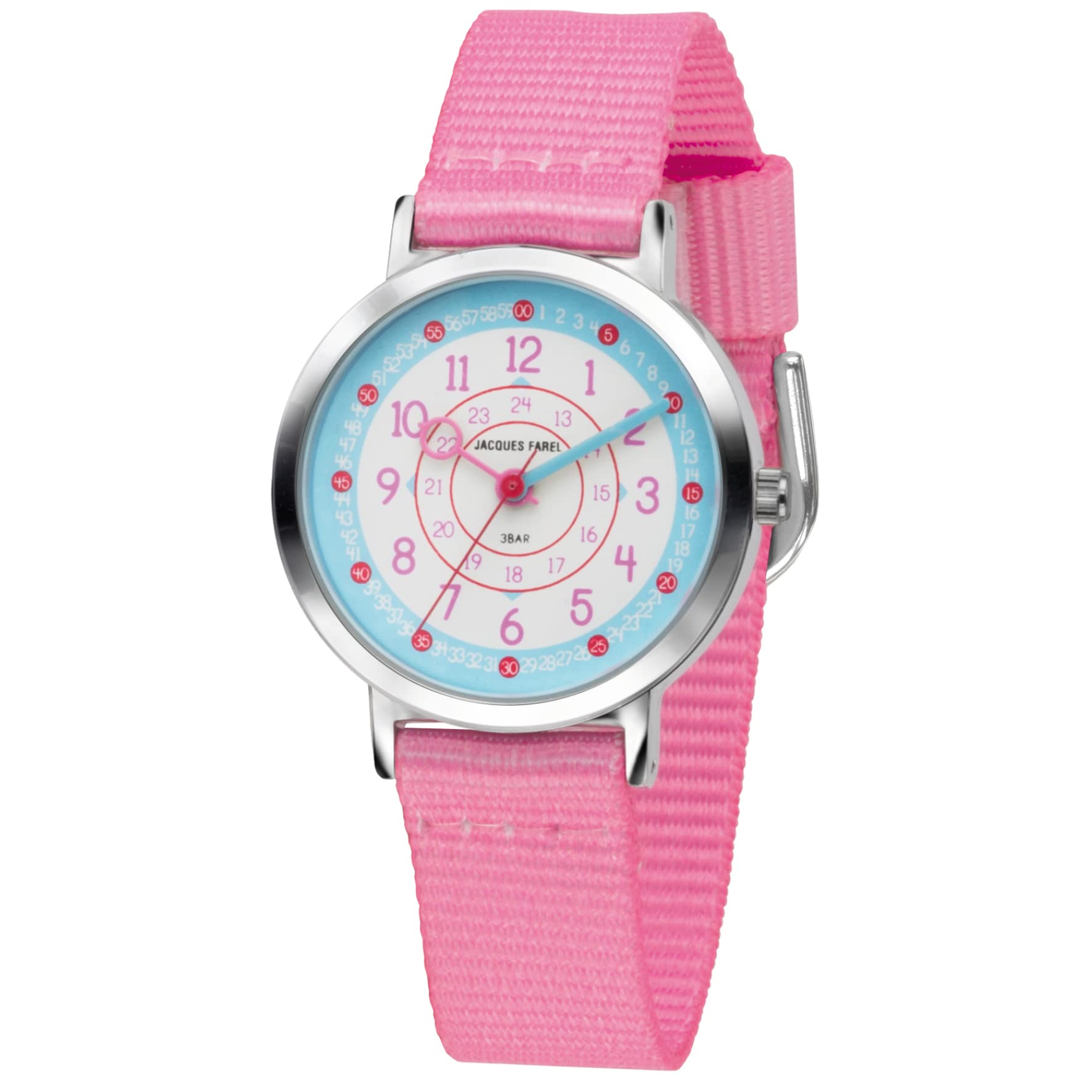 JACQUES FAREL Happy Learning KOP 04 Children's Learning Watch Girls Analogue Quartz Metal Textile Strap, pink, Strap