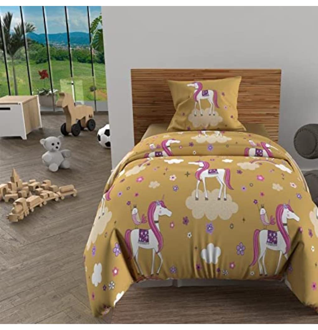 Soleil d'ocre, Duvet Cover Set 140 x 200 cm Unicorns Pink, 100% Cotton, 57 Threads/cm2