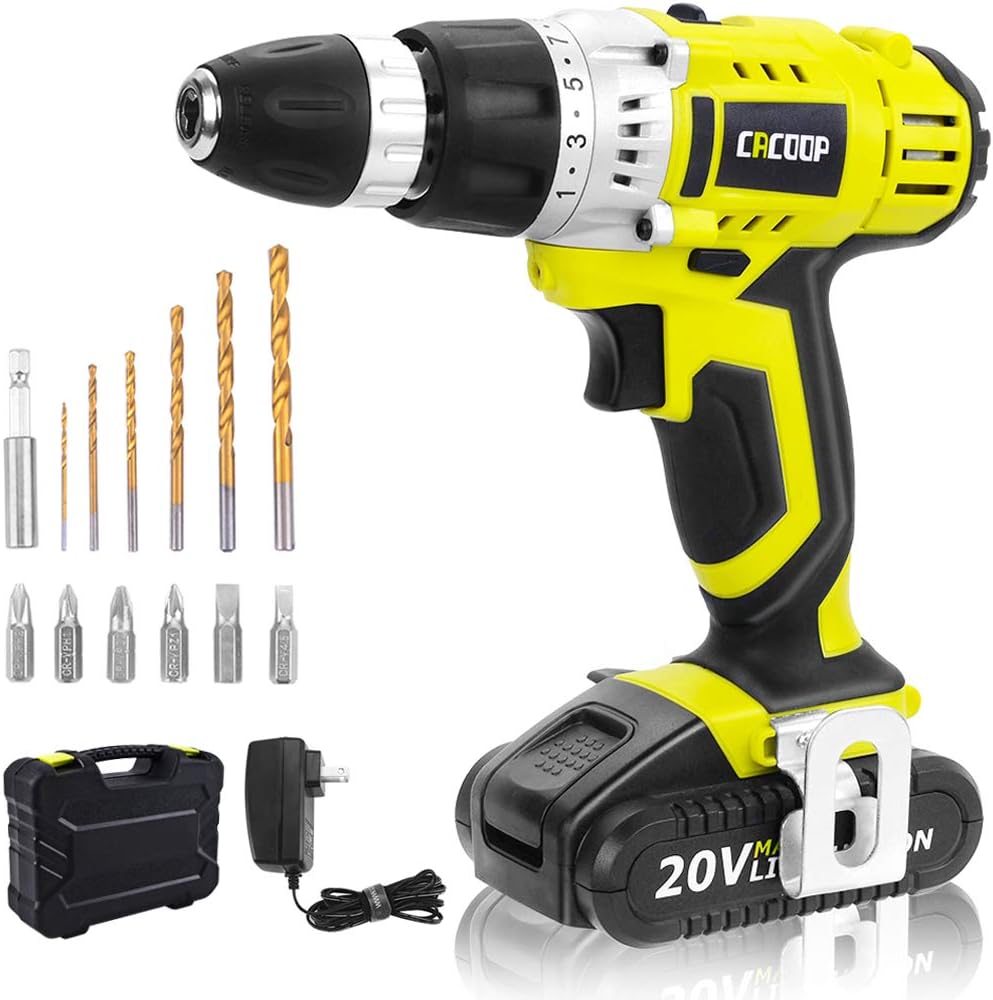 CACOOP Cordless Drill Driver 20V Power Drill Kit, Electric Drill Set, 13 pcs Drills& Bits Kit, with 1 pc 1500mAh Lithium-ion Battery, Charger and Storage&Carry Case