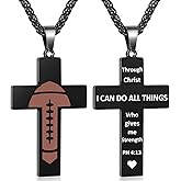Football Cross Necklace for Men, Bible Verse Pendant Gifts for Birthday Christmas, Baptism Christian Religious Football Accessories Stuff Gifts