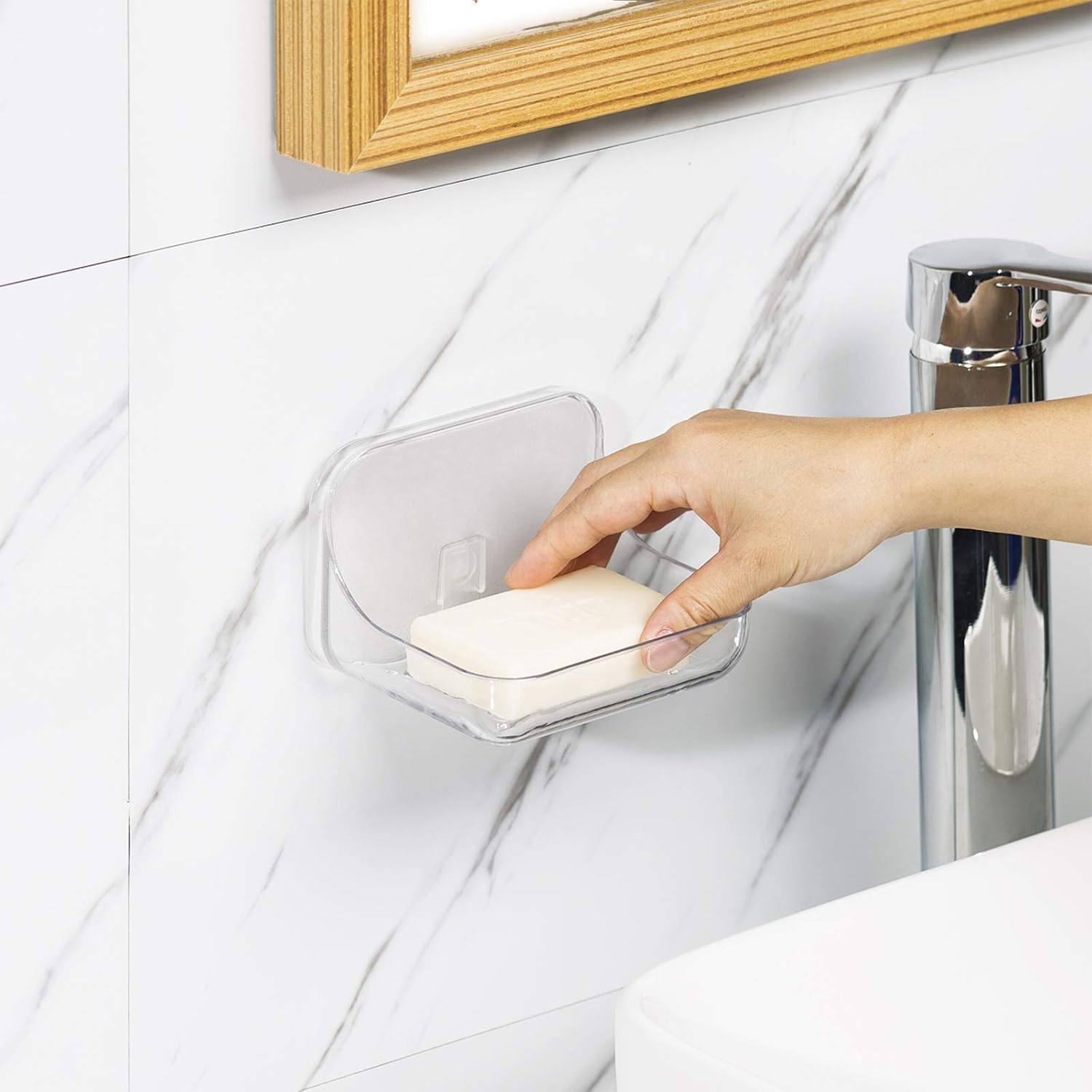 Soap Dish Holder,2 Pack Shower Soap Sponge Holder,Wall Mounted Self Adhesive Storage for Kitchen and Bathroom,Clear PET - Image 3