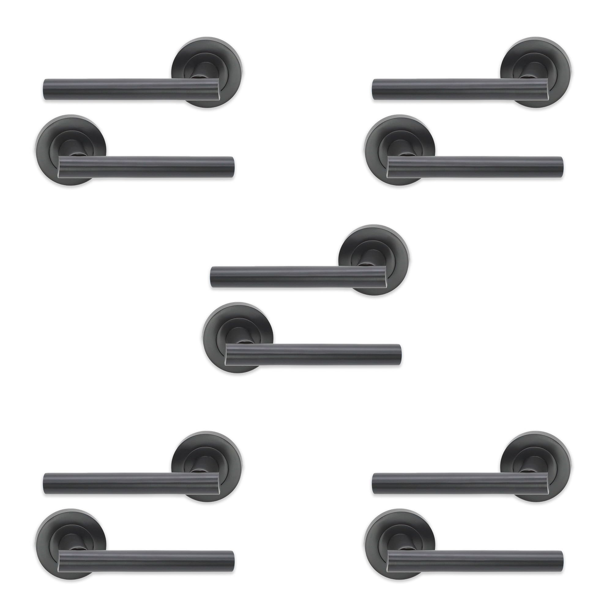 Infinity Decor Set of 5 Pairs T-Bar Lever Door Pull Handles on Round Rose Pack in Gun Metal Grey Finish - for Interior & Exterior Doors