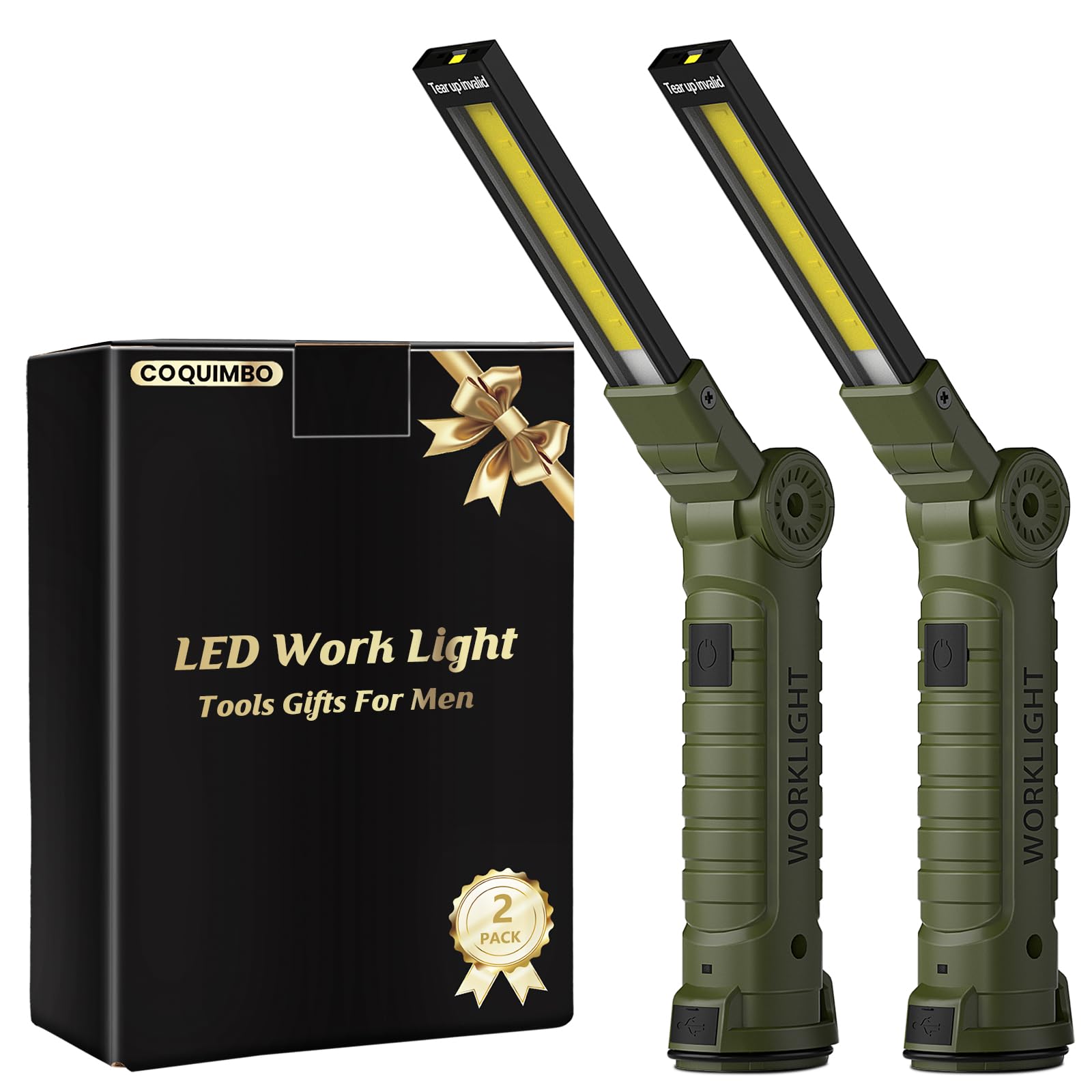 Coquimbo LED Work Light Rechargeable Torch, Gifts for Men Dad Inspection Lamp Light with Magnetic Base 360° Rotate Camping Grill Lights (2 Pack, Green) — image 1