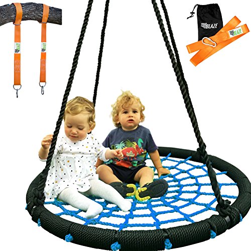 Tree Swing + Hanging Strap Kit - XL 40" Round Outdoor Swing for Kids Extra Thick Rope. Super Strong Nest Swing Holds 600 lbs - Swing Kit Includes Two Tree Swing Strap + Carabiners
