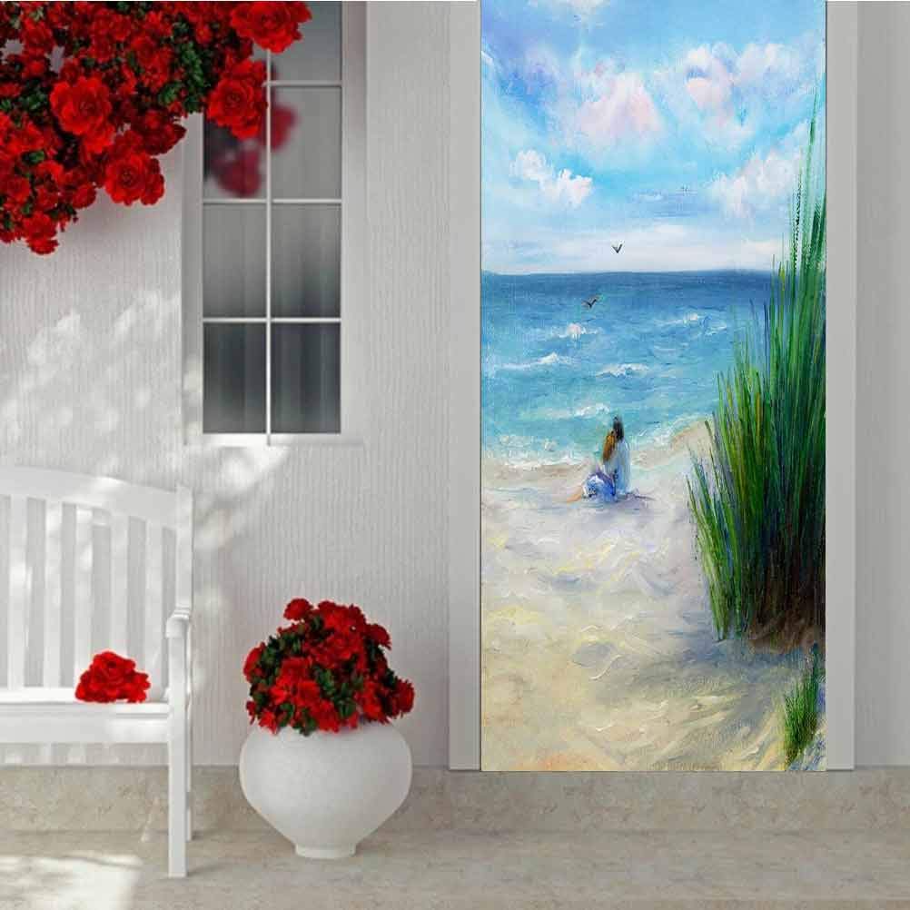 3D Door Wallpaper Murals Wall Stickers, Original Oil Painting Showing Couple in Love Sitting on The Beach, Peel and Stick Removable Door Decal for Home Decorative W15 x L78.7 Inch