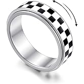 YemmxLoo Checkered Fidget Spinner Ring for Adults, 18K Gold Plated Stainless Steel Rotating Anxiety Relief Jewelry Gift for Women Men(Black and White Pattern)