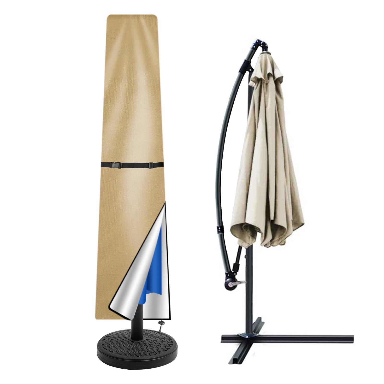 Teynewer Parasol Cover Waterproof, Straight Parasol Protective Covers with Telescopic Pole and Zipper Fit for 2 to 3 m Large Umbrella Patio Parasol Weatherproof UV-Anti Windproof, Khaki