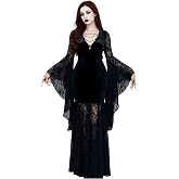 LANSHULAN Women's Gothic Dress, Black Velvet Lace Patchwork Maxi Goth Dress | Sheer Lace Sleeves,Soft Velvet Bodice,Vampire Costume,Halloween Party,Flowing Bell Sleeves,Paneled Lace Skirt