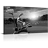 LevvArts Black and White Golf Canvas Wall Art Golf Course at Sunset Landscape Pictures Painting Print Golfing Sports Artwork Decor for Living Room Gym Framed Ready to Hang 20"x36"