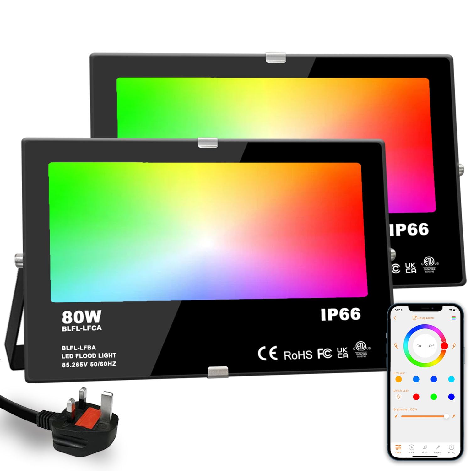 HEKEE LED RGB Floodlights Outdoor, 800W Equivalent, Smart Colour Changing Flood Lights, APP Controlled, Timing, IP66 Waterproof, UK Plug (2 Pack)